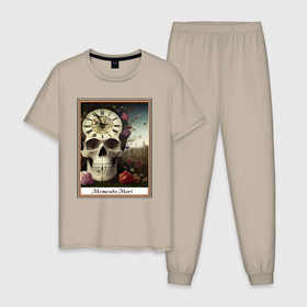 Мужская пижама хлопок с принтом Memento Mori, череп, часы и цветы, в рамке в Курске, 100% хлопок | брюки и футболка прямого кроя, без карманов, на брюках мягкая резинка на поясе и по низу штанин
 | 