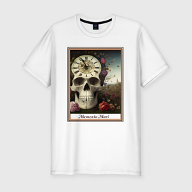 Мужская футболка хлопок Slim с принтом Memento Mori, череп, часы и цветы, в рамке в Екатеринбурге, 92% хлопок, 8% лайкра | приталенный силуэт, круглый вырез ворота, длина до линии бедра, короткий рукав | 