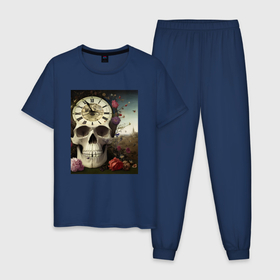 Мужская пижама хлопок с принтом Помни о смерти  череп, часы, цветы в Курске, 100% хлопок | брюки и футболка прямого кроя, без карманов, на брюках мягкая резинка на поясе и по низу штанин
 | 
