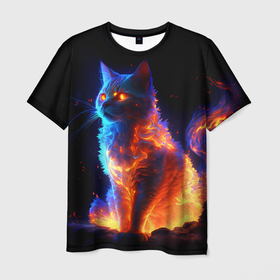 Мужская футболка 3D с принтом Огненная кошка в Белгороде, 100% полиэфир | прямой крой, круглый вырез горловины, длина до линии бедер | 