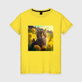 Женская футболка хлопок с принтом Зеленоглазый котик в Екатеринбурге, 100% хлопок | прямой крой, круглый вырез горловины, длина до линии бедер, слегка спущенное плечо | Тематика изображения на принте: 