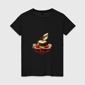 Женская футболка хлопок с принтом Золотое яблочко в Тюмени, 100% хлопок | прямой крой, круглый вырез горловины, длина до линии бедер, слегка спущенное плечо | Тематика изображения на принте: 