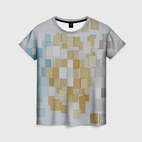 Женская футболка 3D с принтом Геометрические золотые, синие и белые кубы в Курске, 100% полиэфир ( синтетическое хлопкоподобное полотно) | прямой крой, круглый вырез горловины, длина до линии бедер | 