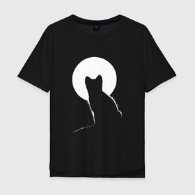 Мужская футболка хлопок Oversize с принтом Силуэт котика в Санкт-Петербурге, 100% хлопок | свободный крой, круглый ворот, “спинка” длиннее передней части | 