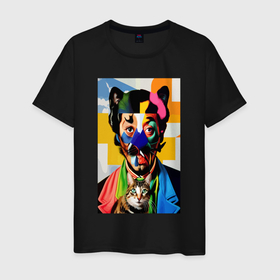 Мужская футболка хлопок с принтом Портрет Сальвадора Дали с котом   нейросеть   pop art в Екатеринбурге, 100% хлопок | прямой крой, круглый вырез горловины, длина до линии бедер, слегка спущенное плечо. | 