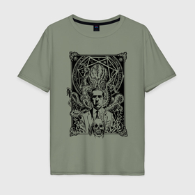 Мужская футболка хлопок Oversize с принтом Лавкрафт+Ктулху в Кировске, 100% хлопок | свободный крой, круглый ворот, “спинка” длиннее передней части | 