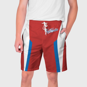 Мужские шорты 3D с принтом Непобедимый   в цветах российского флага в Тюмени,  полиэстер 100% | прямой крой, два кармана без застежек по бокам. Мягкая трикотажная резинка на поясе, внутри которой широкие завязки. Длина чуть выше колен | 