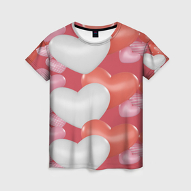 Женская футболка 3D с принтом Красно   белые сердца на красном фоне в Курске, 100% полиэфир ( синтетическое хлопкоподобное полотно) | прямой крой, круглый вырез горловины, длина до линии бедер | 