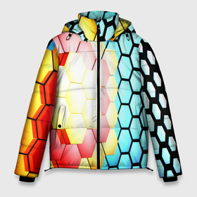 Мужская зимняя куртка 3D с принтом Shape abstract color в Тюмени, верх — 100% полиэстер; подкладка — 100% полиэстер; утеплитель — 100% полиэстер | длина ниже бедра, свободный силуэт Оверсайз. Есть воротник-стойка, отстегивающийся капюшон и ветрозащитная планка. 

Боковые карманы с листочкой на кнопках и внутренний карман на молнии. | 