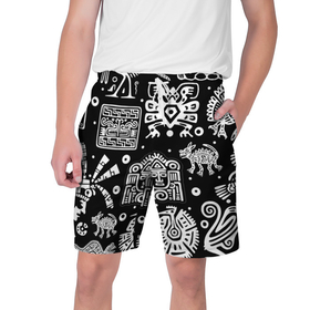 Мужские шорты 3D с принтом Знаки племени Майя в Новосибирске,  полиэстер 100% | прямой крой, два кармана без застежек по бокам. Мягкая трикотажная резинка на поясе, внутри которой широкие завязки. Длина чуть выше колен | 