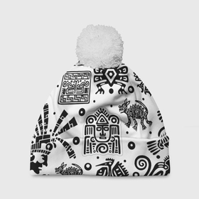 Шапка 3D c помпоном с принтом Знаки племени Майя , 100% полиэстер | универсальный размер, печать по всей поверхности изделия | 