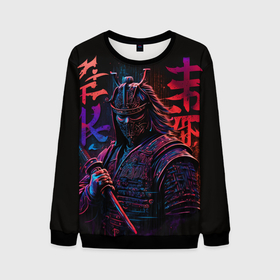 Мужской свитшот 3D с принтом Самурай неон в Ухте, 100% полиэстер с мягким внутренним слоем | круглый вырез горловины, мягкая резинка на манжетах и поясе, свободная посадка по фигуре | 