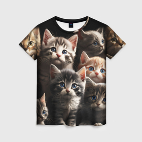 Женская футболка 3D с принтом Милые котятки , 100% полиэфир ( синтетическое хлопкоподобное полотно) | прямой крой, круглый вырез горловины, длина до линии бедер | 