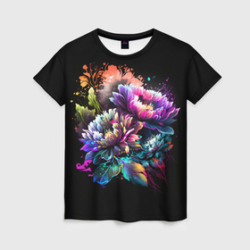 Женская футболка 3D с принтом Красочные цветы в Петрозаводске, 100% полиэфир ( синтетическое хлопкоподобное полотно) | прямой крой, круглый вырез горловины, длина до линии бедер | 