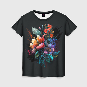 Женская футболка 3D с принтом Красочные красивые цветы в Петрозаводске, 100% полиэфир ( синтетическое хлопкоподобное полотно) | прямой крой, круглый вырез горловины, длина до линии бедер | 