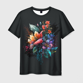 Мужская футболка 3D с принтом Красочные красивые цветы в Белгороде, 100% полиэфир | прямой крой, круглый вырез горловины, длина до линии бедер | 