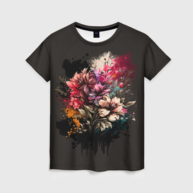 Женская футболка 3D с принтом Красочные цветочки в Петрозаводске, 100% полиэфир ( синтетическое хлопкоподобное полотно) | прямой крой, круглый вырез горловины, длина до линии бедер | 