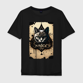 Мужская футболка хлопок Oversize с принтом Туз пиковый с котом в Санкт-Петербурге, 100% хлопок | свободный крой, круглый ворот, “спинка” длиннее передней части | 