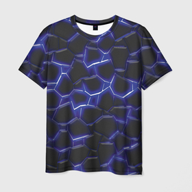 Мужская футболка 3D с принтом Синий неон и плиты , 100% полиэфир | прямой крой, круглый вырез горловины, длина до линии бедер | 