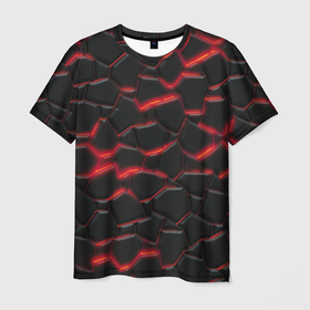 Мужская футболка 3D с принтом Красный неон и плиты , 100% полиэфир | прямой крой, круглый вырез горловины, длина до линии бедер | 