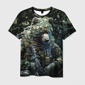 Мужская футболка 3D с принтом Медведь снайпер в камуфляже в Тюмени, 100% полиэфир | прямой крой, круглый вырез горловины, длина до линии бедер | 