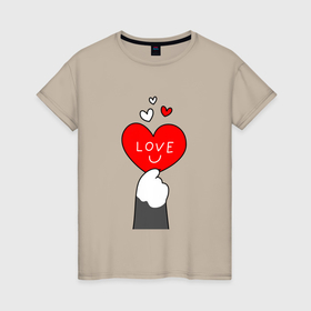 Женская футболка хлопок с принтом Лапка котика с валентинкой в Белгороде, 100% хлопок | прямой крой, круглый вырез горловины, длина до линии бедер, слегка спущенное плечо | 