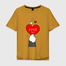 Мужская футболка хлопок Oversize с принтом Лапка котика с валентинкой в Белгороде, 100% хлопок | свободный крой, круглый ворот, “спинка” длиннее передней части | Тематика изображения на принте: 