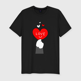 Мужская футболка хлопок Slim с принтом Лапка котика с валентинкой в Кировске, 92% хлопок, 8% лайкра | приталенный силуэт, круглый вырез ворота, длина до линии бедра, короткий рукав | 
