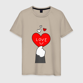 Мужская футболка хлопок с принтом Лапка котика с валентинкой в Белгороде, 100% хлопок | прямой крой, круглый вырез горловины, длина до линии бедер, слегка спущенное плечо. | 
