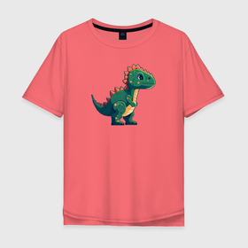 Мужская футболка хлопок Oversize с принтом Динозаврик пиксельный , 100% хлопок | свободный крой, круглый ворот, “спинка” длиннее передней части | 