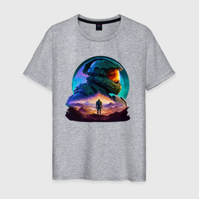 Мужская футболка хлопок с принтом Киборг и космический пейзаж в Петрозаводске, 100% хлопок | прямой крой, круглый вырез горловины, длина до линии бедер, слегка спущенное плечо. | 