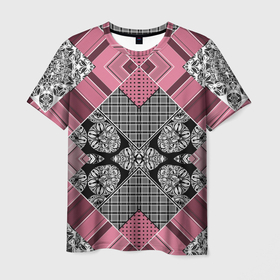 Мужская футболка 3D с принтом Геометрический розово черный с белым узор в Тюмени, 100% полиэфир | прямой крой, круглый вырез горловины, длина до линии бедер | 