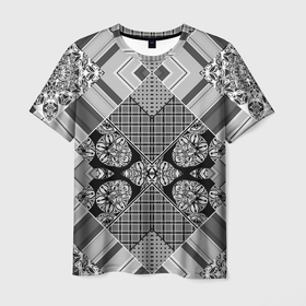 Мужская футболка 3D с принтом Черно белый этнический лоскутный узор в Санкт-Петербурге, 100% полиэфир | прямой крой, круглый вырез горловины, длина до линии бедер | 