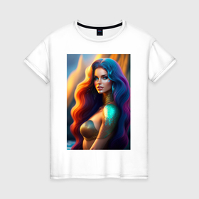 Женская футболка хлопок с принтом Beautiful mermaid в Курске, 100% хлопок | прямой крой, круглый вырез горловины, длина до линии бедер, слегка спущенное плечо | Тематика изображения на принте: 