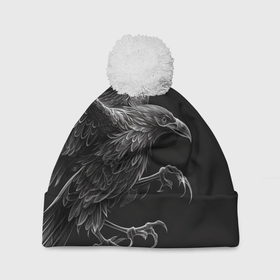 Шапка 3D c помпоном с принтом Черно белый ворон в Тюмени, 100% полиэстер | универсальный размер, печать по всей поверхности изделия | 