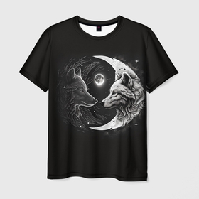 Мужская футболка 3D с принтом Волки инь янь луна в Кировске, 100% полиэфир | прямой крой, круглый вырез горловины, длина до линии бедер | 