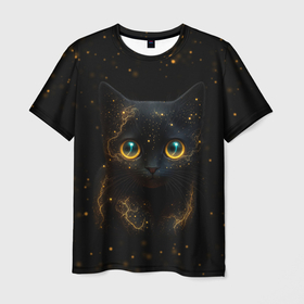 Мужская футболка 3D с принтом Черный котенок с желтыми глазами   нейросеть в Кировске, 100% полиэфир | прямой крой, круглый вырез горловины, длина до линии бедер | 