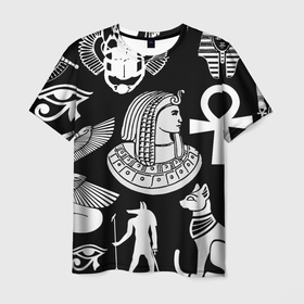 Мужская футболка 3D с принтом Египетские знаки на черном фоне , 100% полиэфир | прямой крой, круглый вырез горловины, длина до линии бедер | 