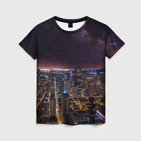 Женская футболка 3D с принтом Ночной город и звёзды на небе в Новосибирске, 100% полиэфир ( синтетическое хлопкоподобное полотно) | прямой крой, круглый вырез горловины, длина до линии бедер | 