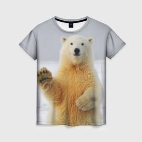 Женская футболка 3D с принтом Белый медведь приветствует , 100% полиэфир ( синтетическое хлопкоподобное полотно) | прямой крой, круглый вырез горловины, длина до линии бедер | 