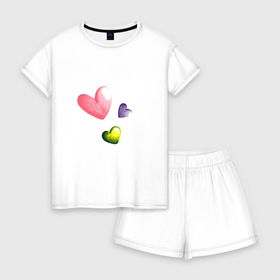 Женская пижама с шортиками хлопок с принтом Акварельные сердечки в Екатеринбурге, 100% хлопок | футболка прямого кроя, шорты свободные с широкой мягкой резинкой | 