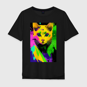 Мужская футболка хлопок Oversize с принтом Взрывной красочный кот в Курске, 100% хлопок | свободный крой, круглый ворот, “спинка” длиннее передней части | 