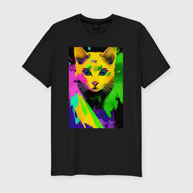 Мужская футболка хлопок Slim с принтом Взрывной красочный кот в Курске, 92% хлопок, 8% лайкра | приталенный силуэт, круглый вырез ворота, длина до линии бедра, короткий рукав | 