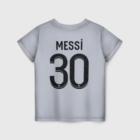 Детская футболка 3D с принтом Лионель Месси форма ПСЖ 22 23 гостевая в Санкт-Петербурге, 100% гипоаллергенный полиэфир | прямой крой, круглый вырез горловины, длина до линии бедер, чуть спущенное плечо, ткань немного тянется | 