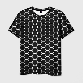 Мужская футболка 3D с принтом черно белые соты абстракция , 100% полиэфир | прямой крой, круглый вырез горловины, длина до линии бедер | 