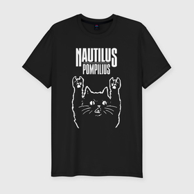 Мужская футболка хлопок Slim с принтом Наутилус Помпилиус рок кот в Кировске, 92% хлопок, 8% лайкра | приталенный силуэт, круглый вырез ворота, длина до линии бедра, короткий рукав | Тематика изображения на принте: 