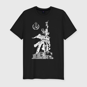 Мужская футболка хлопок Slim с принтом Памятник серп и молот в Екатеринбурге, 92% хлопок, 8% лайкра | приталенный силуэт, круглый вырез ворота, длина до линии бедра, короткий рукав | 