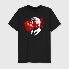Мужская футболка хлопок Slim с принтом Сталин на фоне СССР в Кировске, 92% хлопок, 8% лайкра | приталенный силуэт, круглый вырез ворота, длина до линии бедра, короткий рукав | 