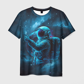 Мужская футболка 3D с принтом An astronaut in blue space , 100% полиэфир | прямой крой, круглый вырез горловины, длина до линии бедер | 