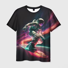 Мужская футболка 3D с принтом Cosmonaut space surfing , 100% полиэфир | прямой крой, круглый вырез горловины, длина до линии бедер | 
